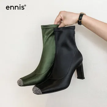 

ENNIS 2019 Bling Rhinestone Boots Women High Heel Silk Boots Autumn Black Ankle Boots Round Toe Green Ladies Shoes Fashion A938