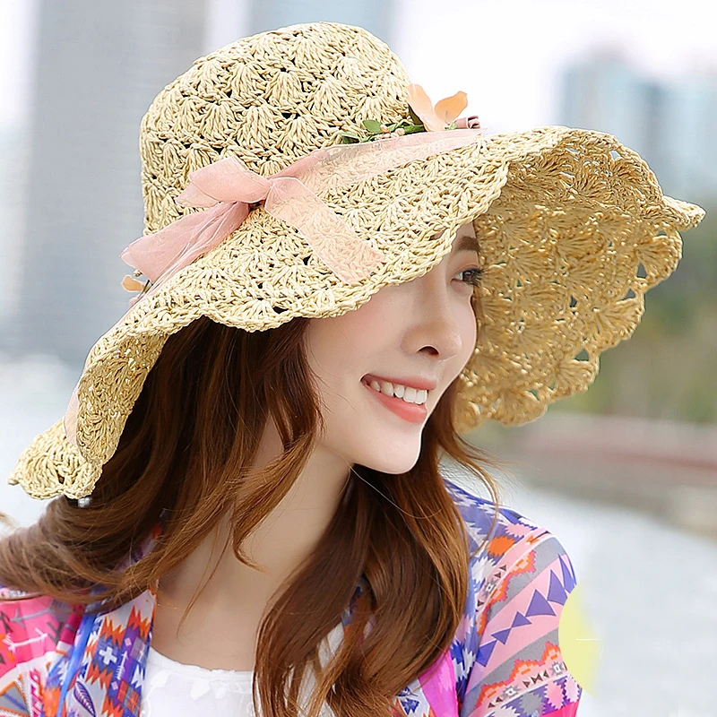 HT1683, корейский стиль, летние шляпы для женщин, цветочная гирлянда с широкими полями, Пляжная шапка, шляпа, упаковываемая крючком, широкополая шляпа от солнца, женская соломенная шляпа