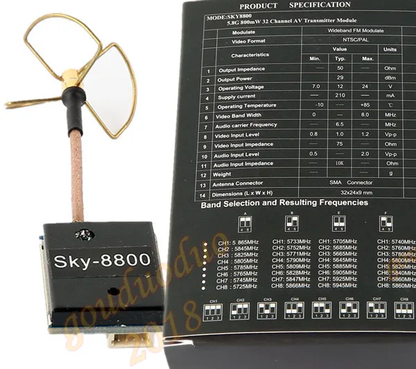 

SKY8800 5.8GHZ FPV 800mW 32 Ch AV WIRELESS Transmitter for FPV quadcopter multicotper QAV 250 270 280