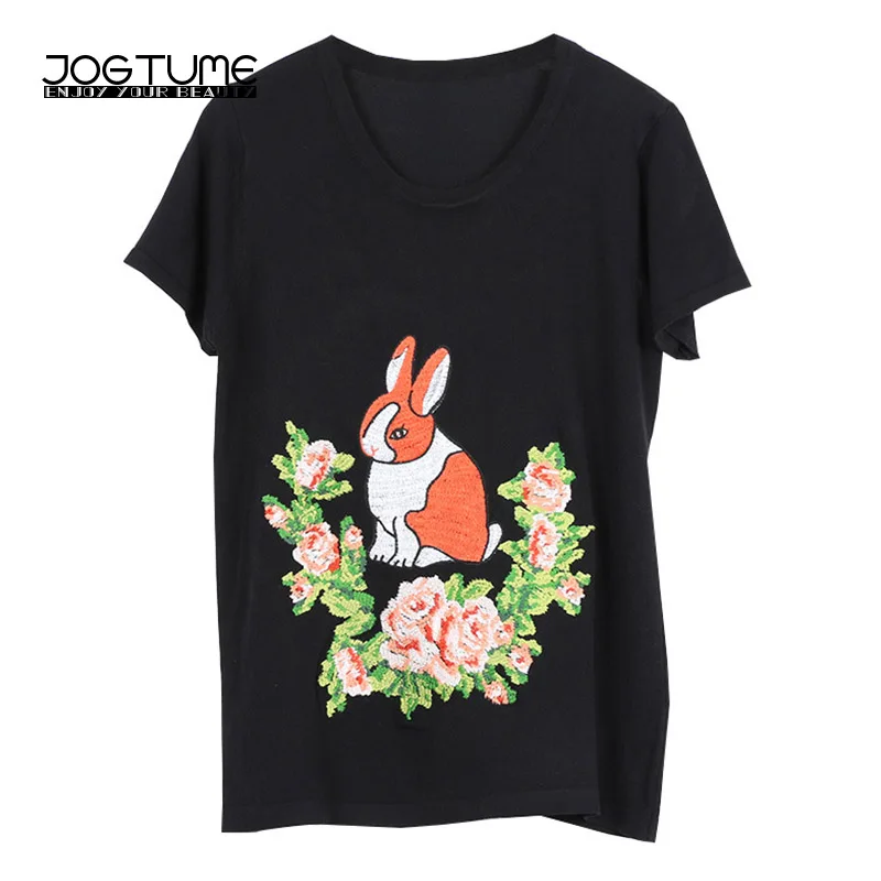 2018 New Summer Female Knitted Tops Sweet Rabbit Floral Cartoon Embroidery Womens Fashion Pullover Shirt Black White Long Sleeve | Женская