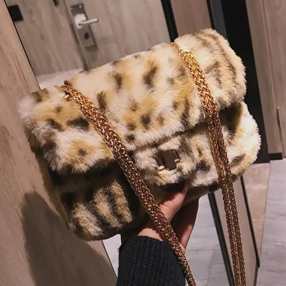 

Retro Fashion Ladies Leopard Small Square bag 2018 Winter New Quality Soft Plush Women's Handbag Chain Shoulder Messenger bags