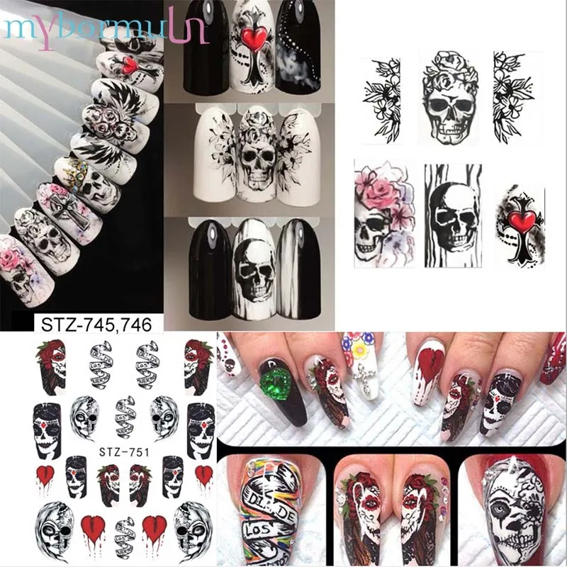 

25 sheets Halloween Design Nail Art Stickers Sets Black white Skull Bone Spider Flower Mixed Decor Water Tool Nail Art Decals