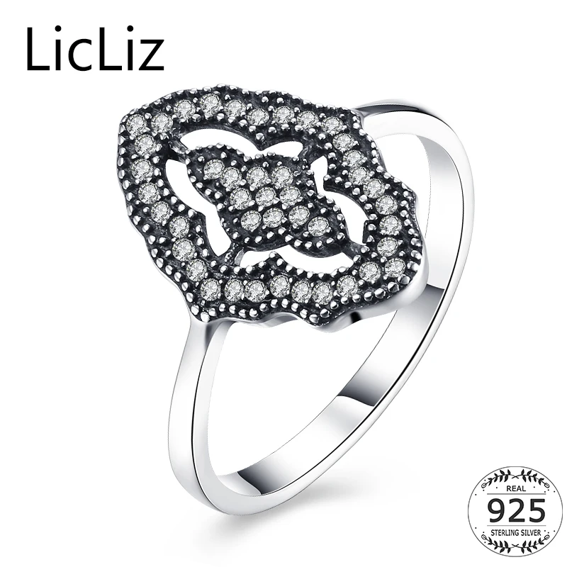 

LicLiz Large 100% Real 925 Sterling Silver Hollow Geometric Ring Big Cocktail Ring Micro Paved Cubic Zirconia Finger Ring LR0603
