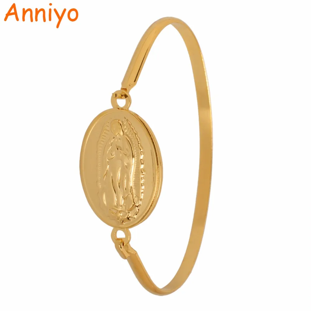 Anniyo Oval& Can Open Virgin Mary Bangles for Women Girls Our Lady Bracelets Stainless Steel Gold Color Madonna Jewelry#004809