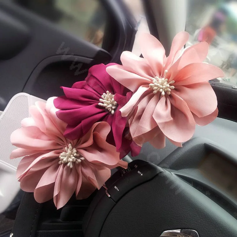 Auto-Car-Steering-Wheel-Cover-pink-Flower-Imitation-sheepskin-Diameter-38CM-Black-l4