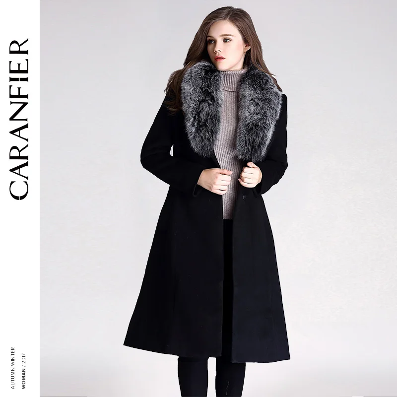 CARANFIER 2017 полушерстяные зимние женские пальто теплый воротник тонкий пояс черный