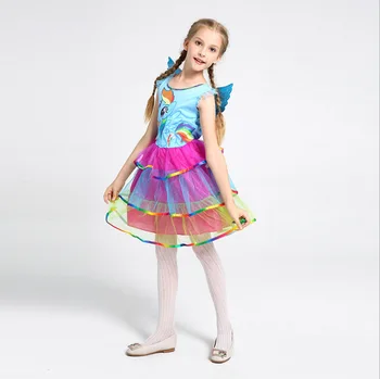 

Cosplay set Print Rainbow Unicorn Sequined sleeveless Princess Dress+headwear Party Halloween Carnival Easter ball gown Costume