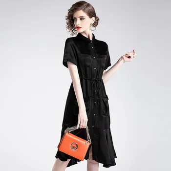 

Summer Dress Office Lady 2019 Women New Fashion Short sleeve Turndown Collar Single Breasted Pocket Drawstring Waist Slim Dress