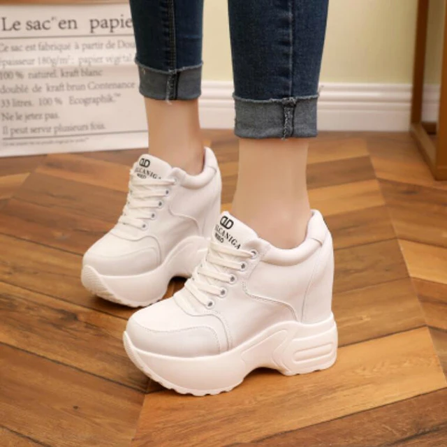 Women Sneakers Mesh Casual Platform Trainers White Shoes 10CM Heels Autumn Wedges Breathable Woman Height Increasing Shoes  5