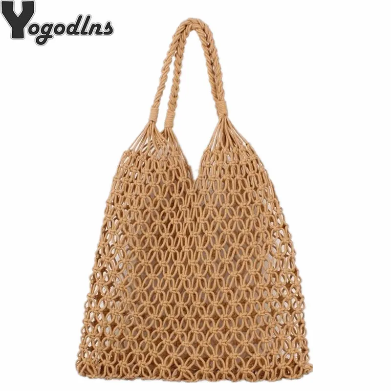 

New Summer Popular Woven Beach Bag Women Mesh Rope Weaving Reticulate Hollow Straw Bag No Lined Net Ladies Shoulder Bags