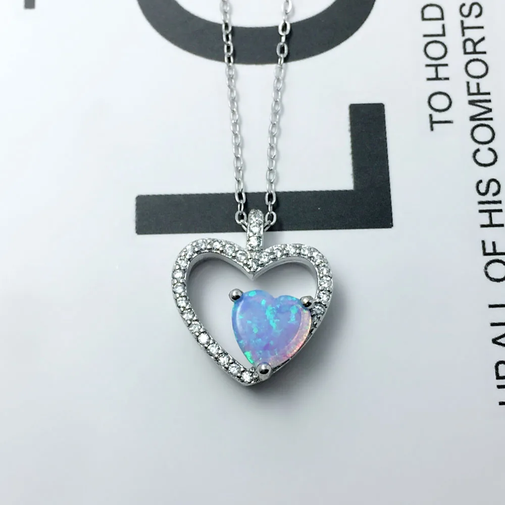 Heart Shape Pendant Necklace Romantic 925 Sterling Silver Opal Stone Necklace & Pendants Best Women Gift (JewelOra NE102686 )