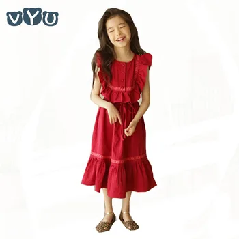 

2019 Summer Kids&Teens Girls Vintage Flying Sleeve Dress Kids Girls Linen Pleated Ruched Princess Dress Children Clothes