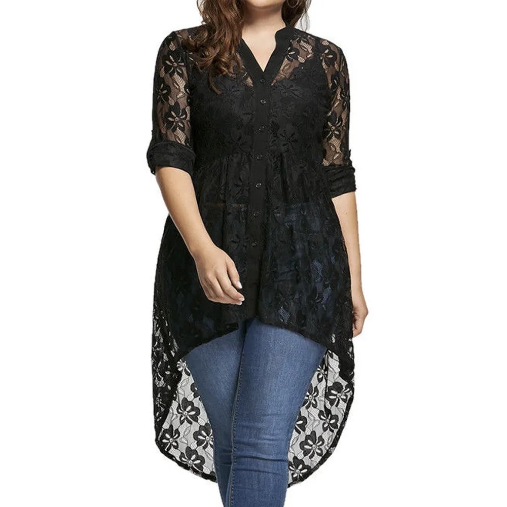 

Women Plus Size Tops Shirts Button Up High Low Floral Lace Cardigan Cover Up Kimono Tops Black Lace Decor Womens Blouse mujer S6