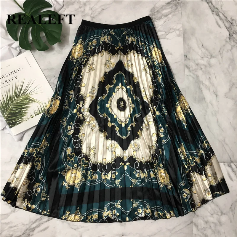 

REALEFT 2019 New Arrival Women Geometric Printed Vintage Pleated Long Skirt High Waist Empire Harajuku Tulle A-Line Skirt Womens
