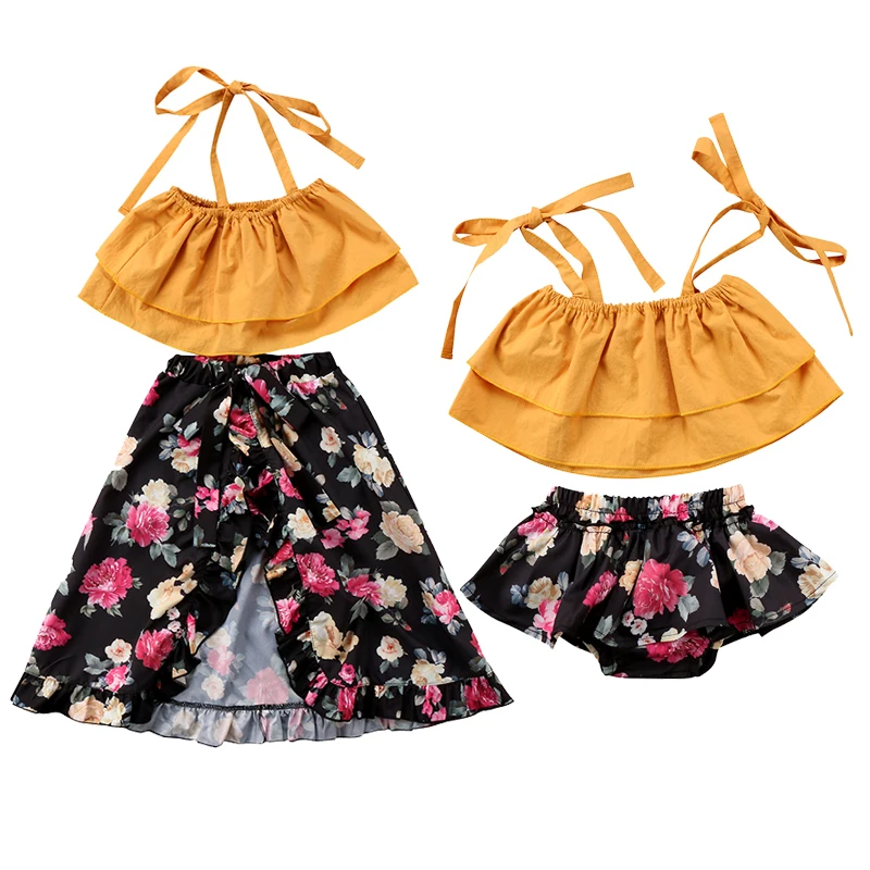 

2018 New Family Match Clothes Summer Baby Girls Off shoulder Strap Crop Tops Floral Tutu Baby Bloomers Shorts Skirt 2PCS Set