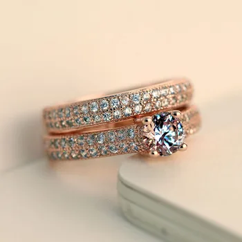 

VKME Ms. Wedding Ring Set Shiny Perfect Round Copper Zircon Ring Women's Party Accessories 2 Color Silver and Rose Gold