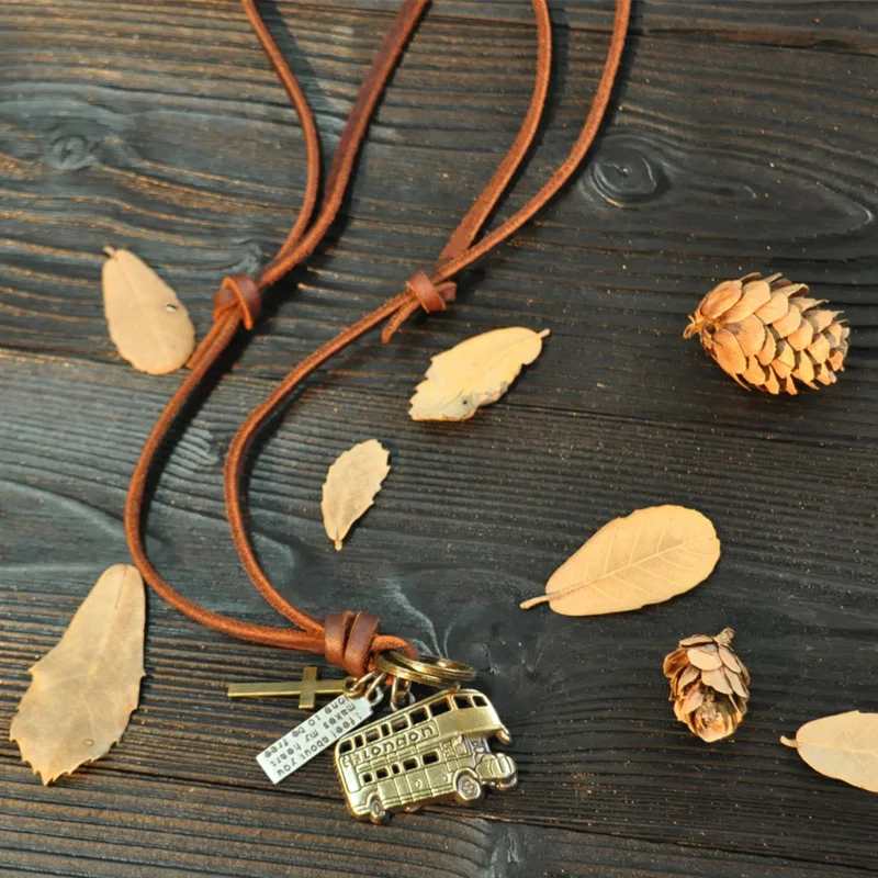NIUYITID 100% Genuine Leather Jewelry Boys Necklaces Men Bus Pendant Alloy Metal Necklace Women Neckless High Quality (3)