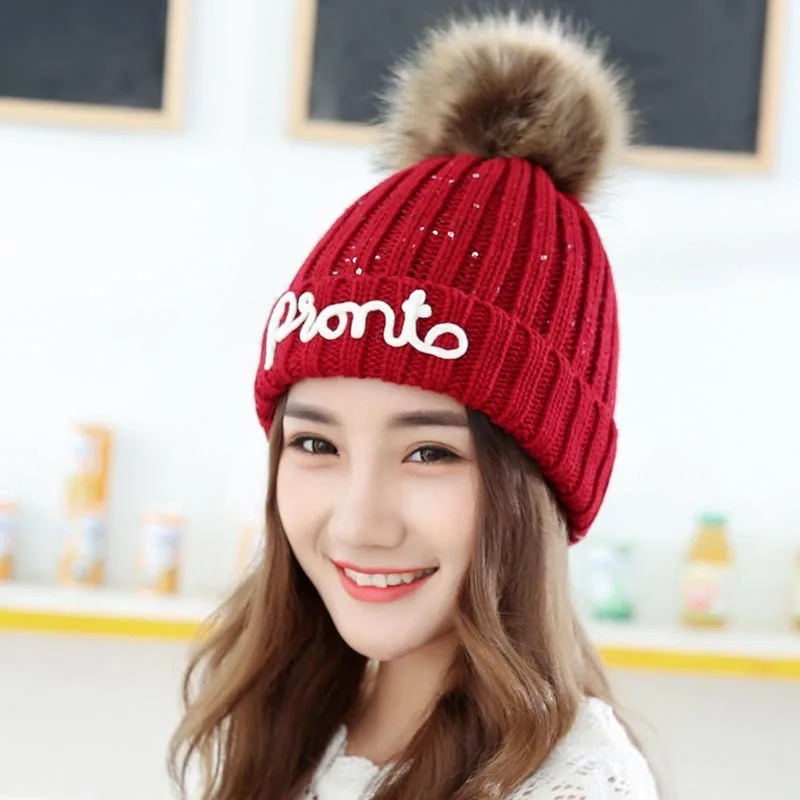 

Letter Beanies Women Fur Pom Poms Fashion Pearl Knitted Hat Girls Female Beanie Cap Pompom Thick Women Skullies Beanies
