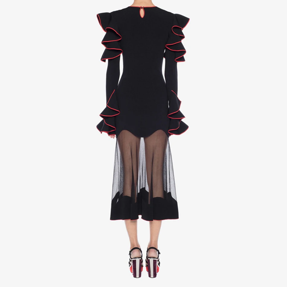 Новое Женское модное гофрированное черное открытое длинное платье с круглым вырезом и хвостовиком сексуальное облегающее платье для вечеринок Клубная одежда