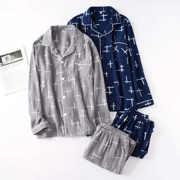 

Men's 100% Cotton Gauze Pajamas Long-sleeved Trousers Crepe Men Sleepwear Pyjamas Mens Pijamas Big Size Loose Wrinkle Couple Set