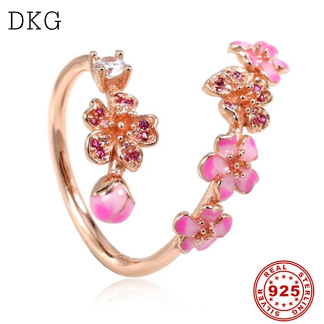 

2019 New 925 Sterling Silver Fashion Crystal Romantic Peach Enamel Ring Fit for Original Women's Charm Ring DIY Jewelry