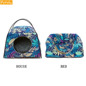 

Petshy Fashion Cat Puppy House Leaves Pattern Dual-use Small Dogs Bed Sofa Cushion Washable All Season Pet Sleeping Tent Cave