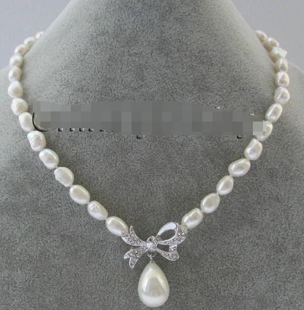 

huij 002280 9-12mm white baroque freshwater pearl necklace + 20mm shell pearl pendant