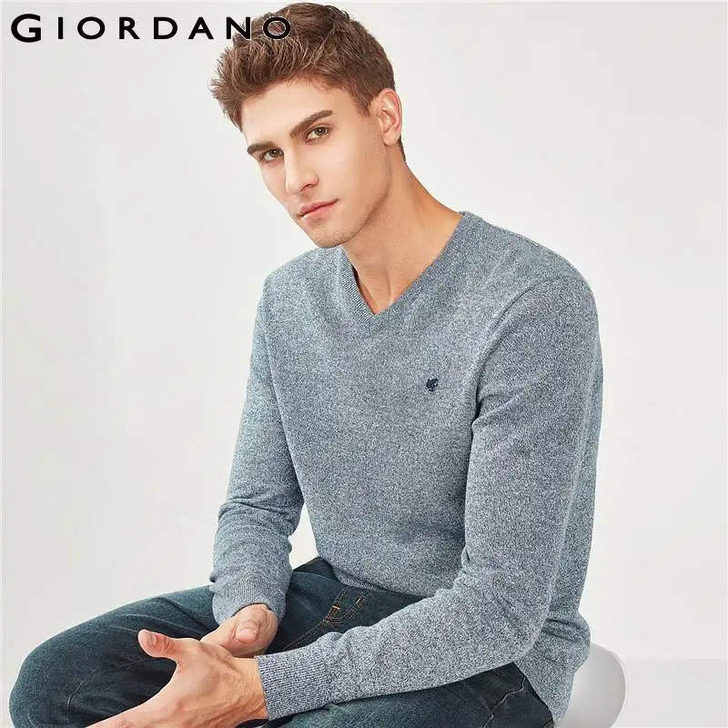 

Giordano Men Sweater Men Embroidery Frog V Neck Pullover Sweater Men 100% cotton Soft Ribbed Cuffs Pull Homme Gentlemen Sweater