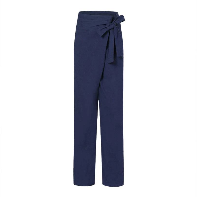 Винтажные женские широкие брюки с карманами, лето, повседневные свободные одноцветные Длинные шаровары, панталоны размера плюс 5xl - Цвет: Navy