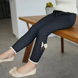 Girls' Thick Warm Jean Bow Leggings - Cozy Winter & Spring Trousers - 4T 110 (Black)