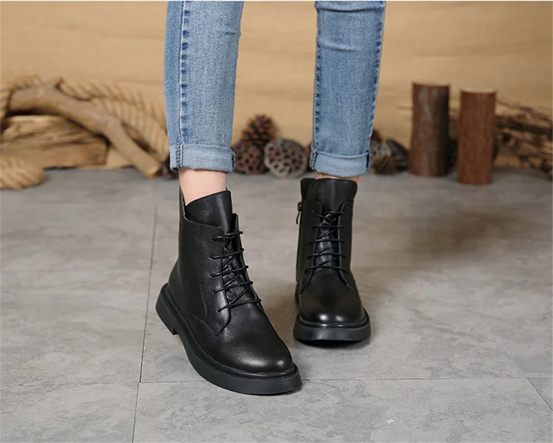 SexeMara/однотонные черные женские ботильоны в стиле ретро; винтажные теплые женские ботинки из натуральной кожи; сезон осень-зима; женская обувь на плоской подошве со шнуровкой