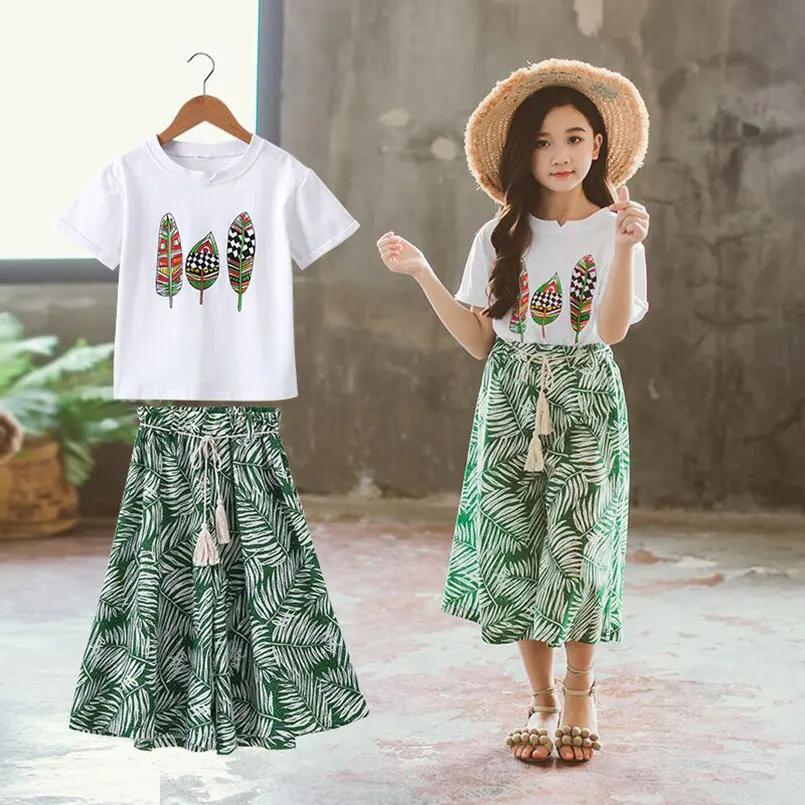 

Teenager Girls Summer Clothing Little Girls Short Sleeve T Shirt + Pants 2pcs Sets For Girls Bohemia Floral Clothes Set New