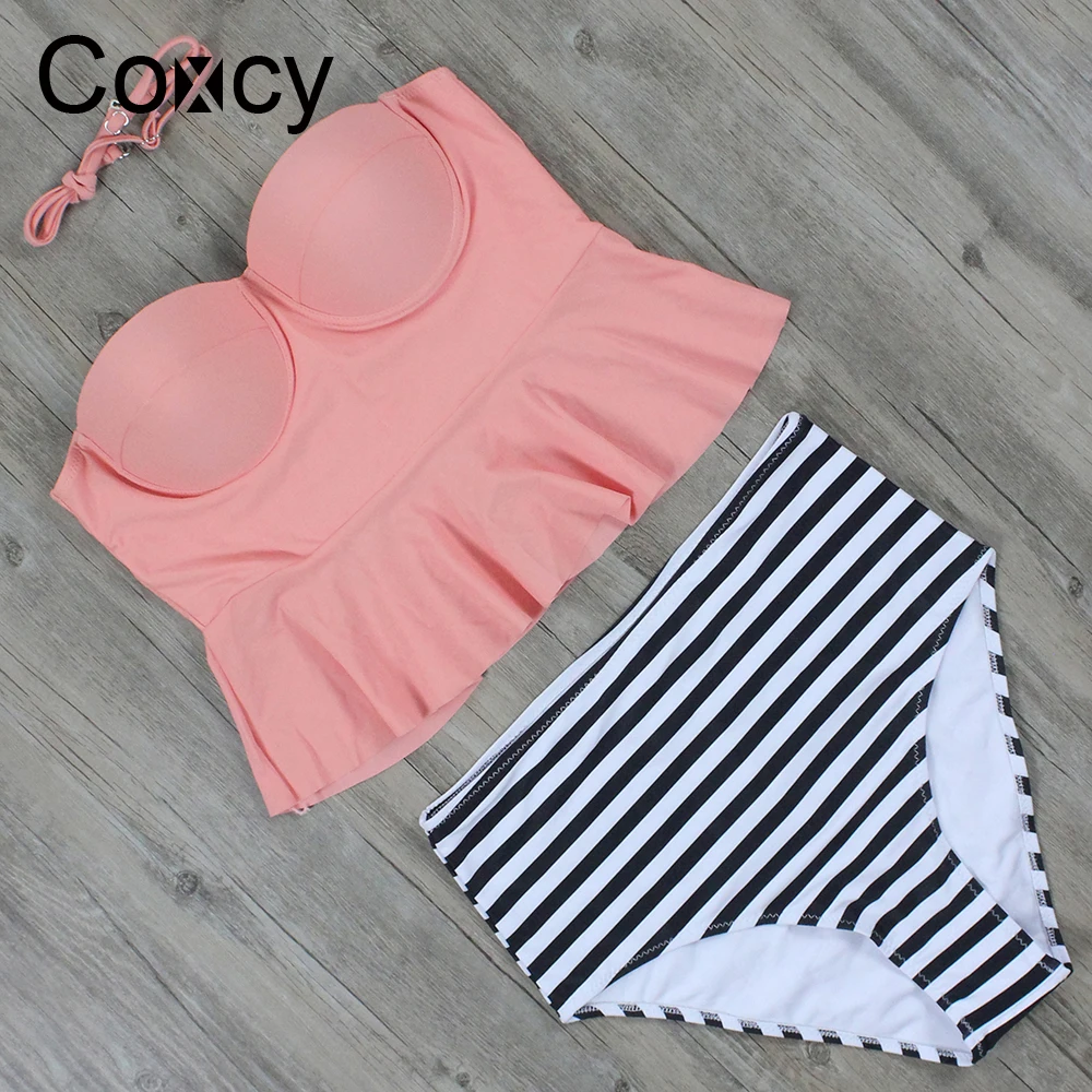 Coxcy Sweet Heart Bikinis Stripe Panties Set Swimwear Female High Waist