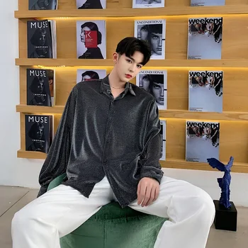 

Male Vintage Fashion Nightclub Clothing Men Silver Fabric Long Sleeve Casual Loose Shirt Couple Shirts