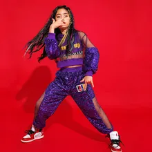 Костюмы для танцев с блестками с длинными рукавами; цвет фиолетовый; одежда для уличных танцев; одежда для выступлений; одежда для сцены в стиле хип-хоп