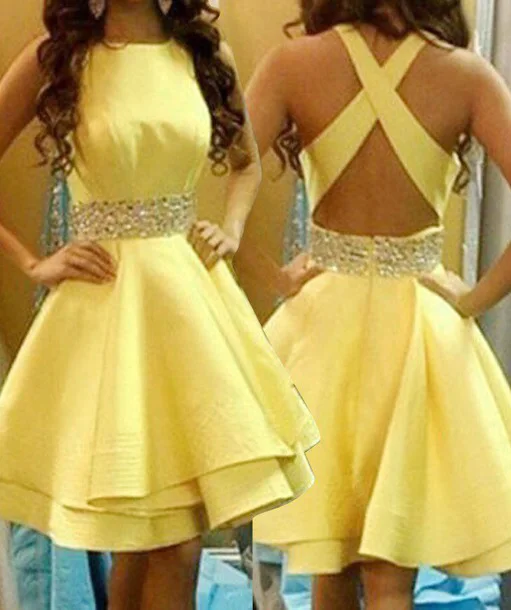 Yellow backless crystal beaded short prom dress tiered hoco dressin