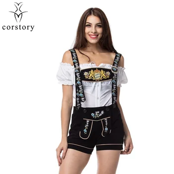 

German Bavarian Oktoberfest White Shirts & Black Short Bib Pants Costume Fantasia Sexy Cosplay Halloween Costumes For Women 3XL