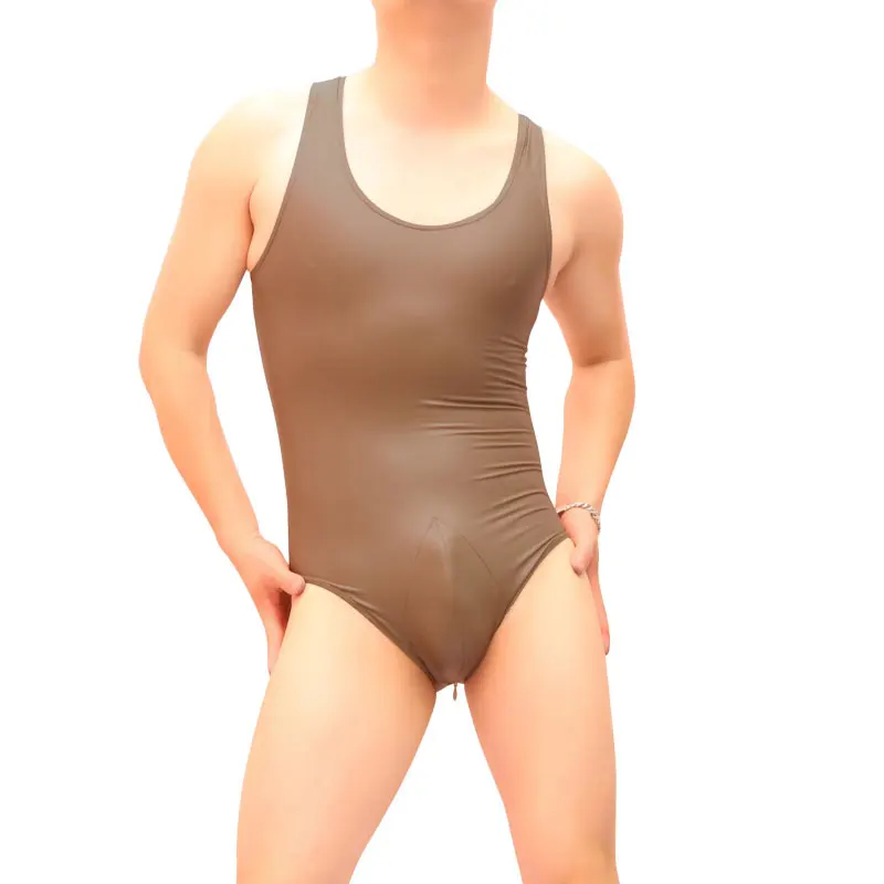 Sexy Men Siamese Tight Thin High Elasticity Vest Zipper Open Crotch Bodysuit Black Bodywear Tank Top Night Club Dance Wear FX068