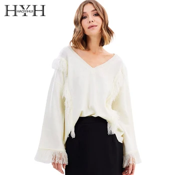 

HYH HAOYIHUI 2018 Autumn V-Neck Solid Beige Sweaters Women Flare Sleeve Tassel Casual Pullovers Female Loose Elegant Tops Lady
