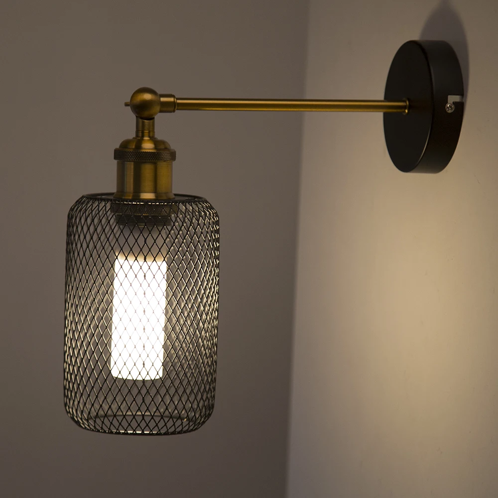 Современный винтажный настенный светильник с железной сеткой, Настенные светильники с черной металлической клеткой, прикроватная лампа для спальни, настенный светильник для прихожей, ретро освещение