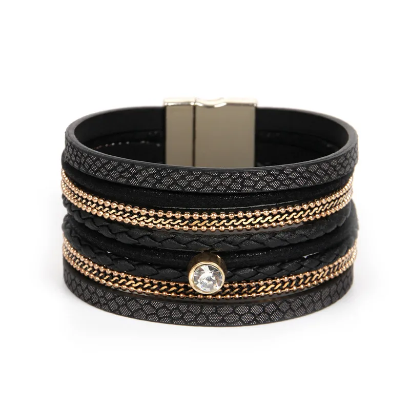 

ORNAPEADIA Europe and United States Jewelry Retro Luxury Zircon Bohemia Bangles multi-layer Leather fine Bracelet for lady
