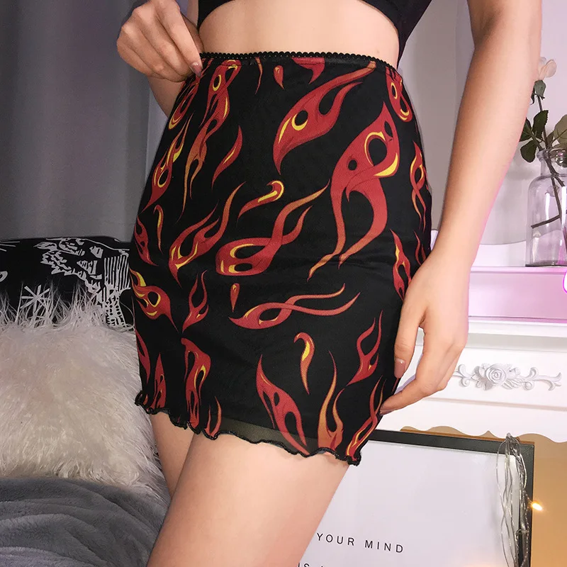 Лоскутная Сетка Сексуальная юбка Harajuku Kawaii уличная пламенная огненная печать юбки женские двухслойные Высокая талия юбка