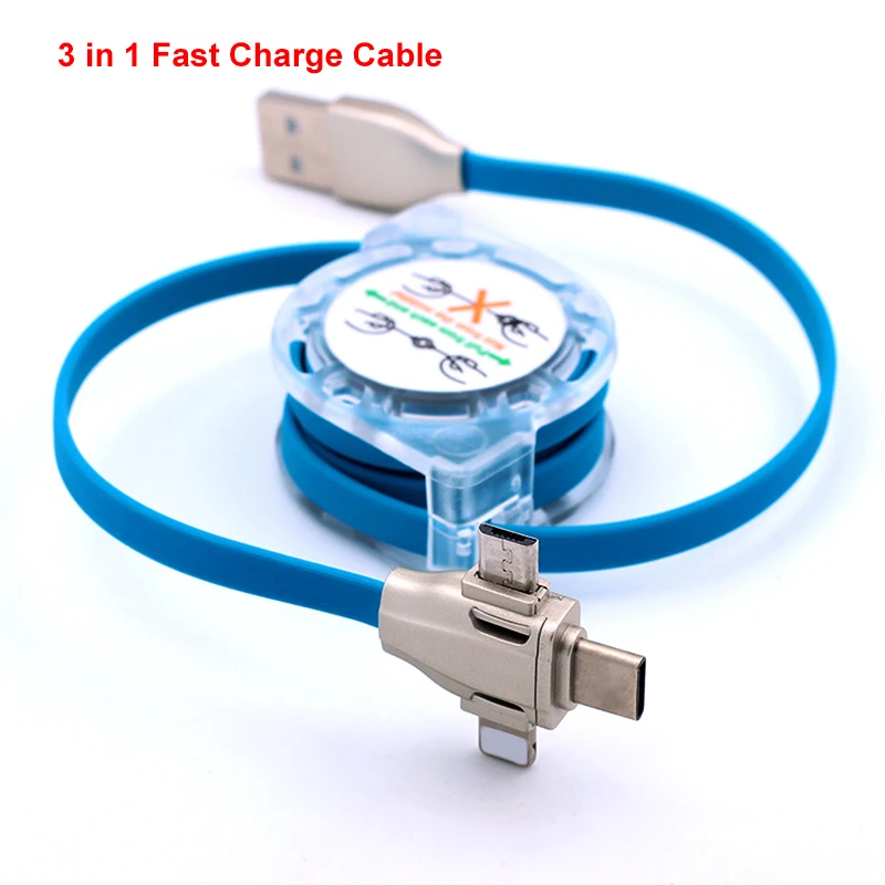 

3 in 1 3in1 Retractable USB Cable 2A Fast Charge Micro USB +Type C Cable 100cm Coiled Data Line for Xiaomi Samsung Huawei Lenovo