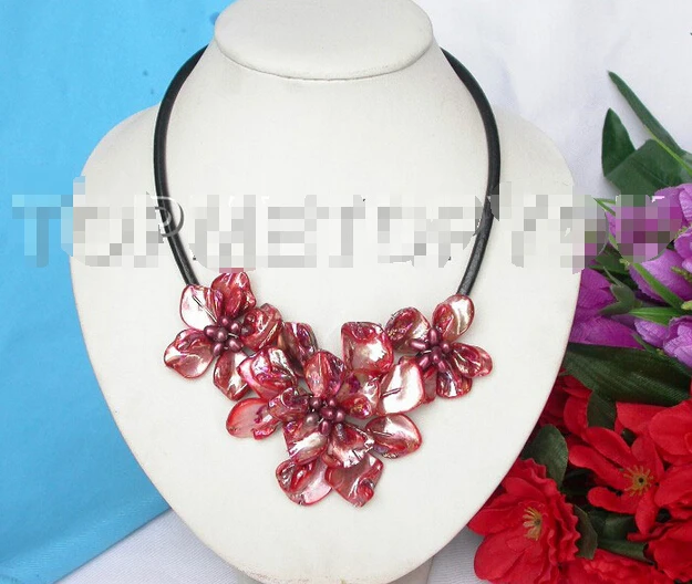

Baroque bloom flower red shell wine red pearls choker leather necklace E1180@^Noble style Natural Fine jewe FREE SHIPPING ##a #a