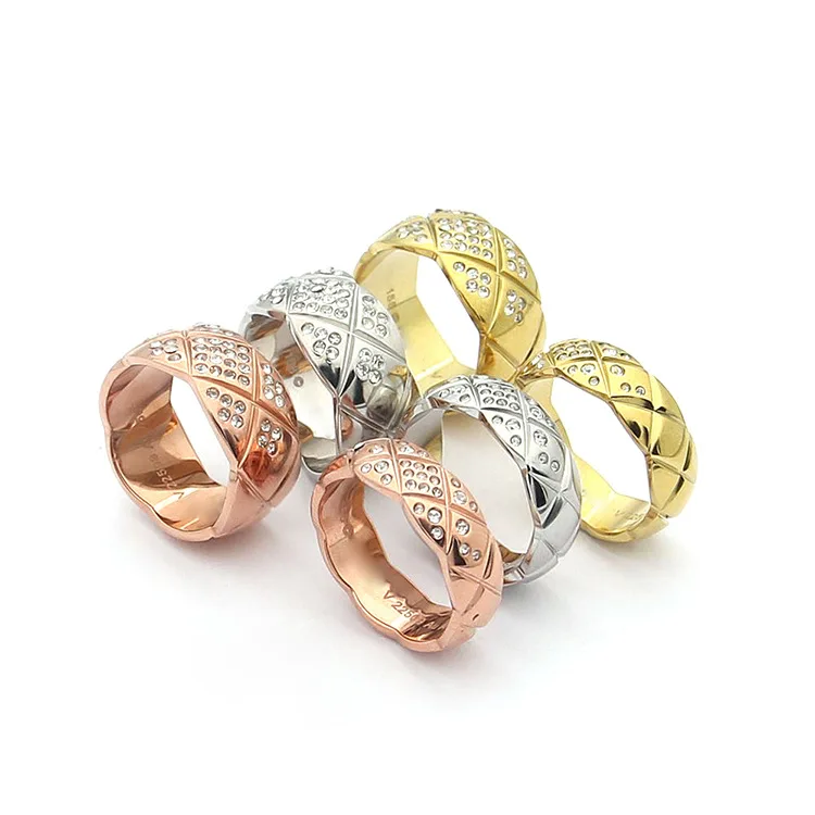 

Hot sell Brnad logo 316L Titanium Steel Wide And Narrow Striped lovers ring for women men CZ stones wedding jewelry Top Quality