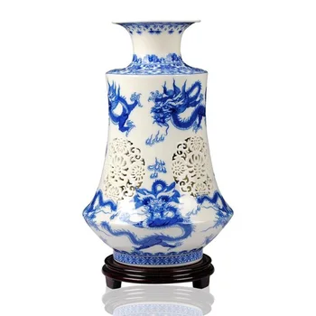 

Blue and White Porcelain Elegant Hollow Out Tabletop Vase with Traditional Chinese Dragon Pattern Decoration ZDV-H003