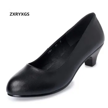 

2019 Newest Spring Black Shallow Mouth Genuine Leather Shoes Ladies Thick with Work Shoes Women Shoes High Heels 5 Cm Large Size