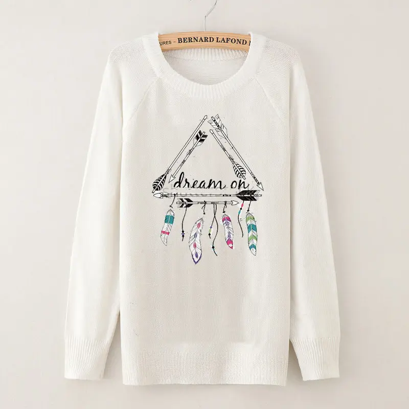 

Women Spring Autumn Elegant Dream Cactcher Cat Cartoon Flower Deer Print Sweater Fuzzy Round Neck Pullovers Jumper Tops