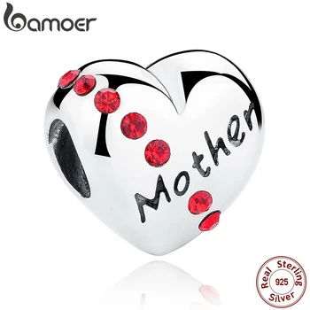 

BAMOER Romantic 925 Sterling Silver Created Stone Heart Mother Word Beads Charms Fit Bracelet Gift for Mother SCC018
