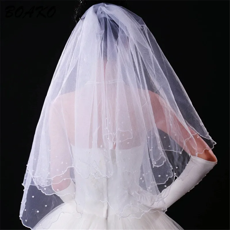 

Woman Tulle Edge Beaded Wedding Veils Two Layer White Ivory Short Bridal Veil Simple Wedding Accessories NO Comb Veu De Noiva